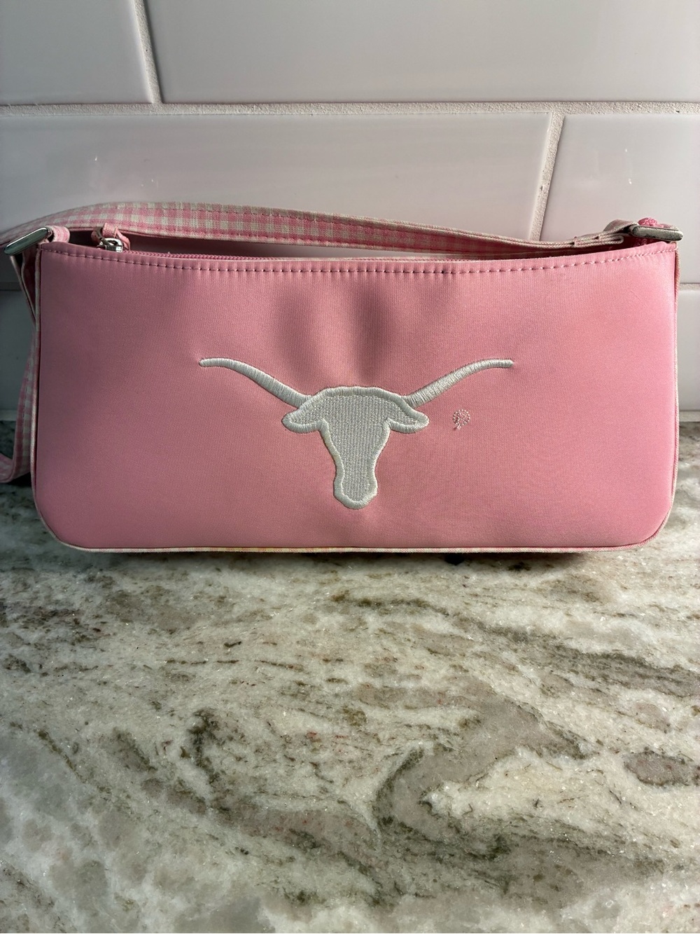 University of Texas Pink Mini Shoulder Bag with White Longhorn Emblem